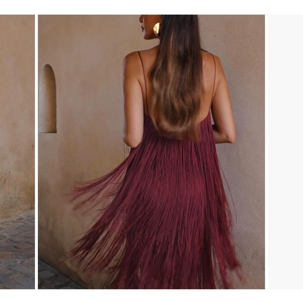Commense Flapper Fringe Hippie Boho Costume Midi Dress NWT Size S $64 Red Wine - Picture 2 of 7